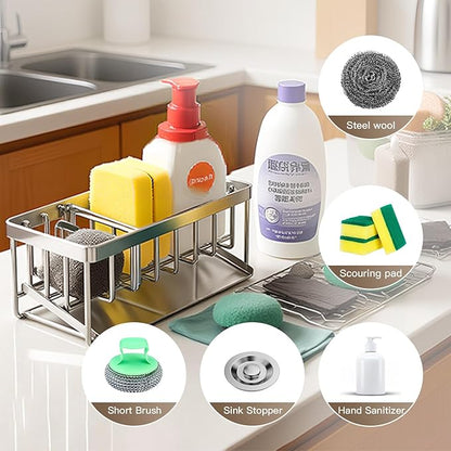 MAXCOOK Sink Caddy Sponge Holder for Kitchen, 18/8 Stainless Steel Self Drain Tray, Soap holder with Divider(Silver)