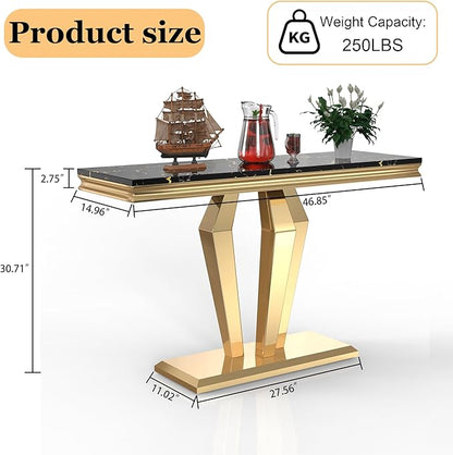 47 inch Gold Console Table, Modern Entryway Table with Diamond-Shaped Metal Base for Entrance, Hallway, Living Room (Black Faux Marble & Gold)