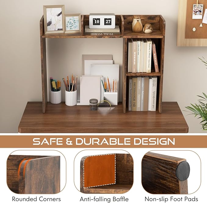 Desk Hutch, Desktop Shelf with 5 Shelves, Desk Bookshelf w/Anti-Toppling Devices, Wood Table Top Bookshelf Organizer, Small Desk Shelf for Study, Office, Dorm (Rustic Brown, 5 Shelves)