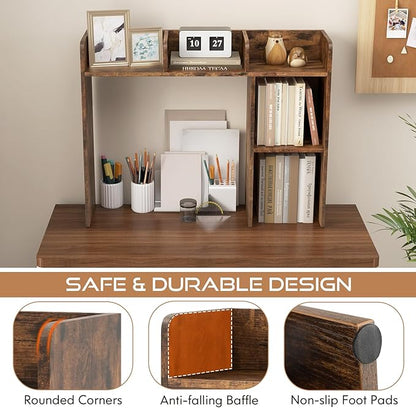Tangkula Desktop Bookshelf, Countertop Storage Hutch with 5 Shelves for Computer Desk, 3-Tier Display Rack, Multipurpose Wood Desktop Hutch Storage Organizer for Dorm Office, Brown