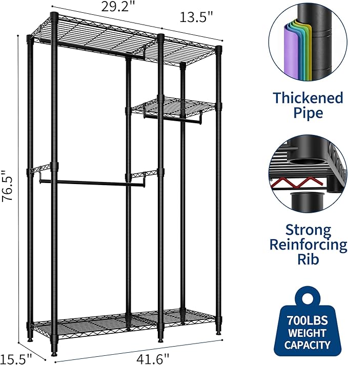 Heavy Duty Clothes Rack, 3-Tier Clothing Rack with Shelves, Freestanding Closet Organizer and Storage System with Hanger Rods for Bedroom & Laundry Room, Metal Garment Racks, Black