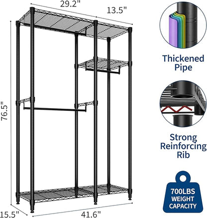 Heavy Duty Clothes Rack, 3-Tier Clothing Rack with Shelves, Freestanding Closet Organizer and Storage System with Hanger Rods for Bedroom & Laundry Room, Metal Garment Racks, Black