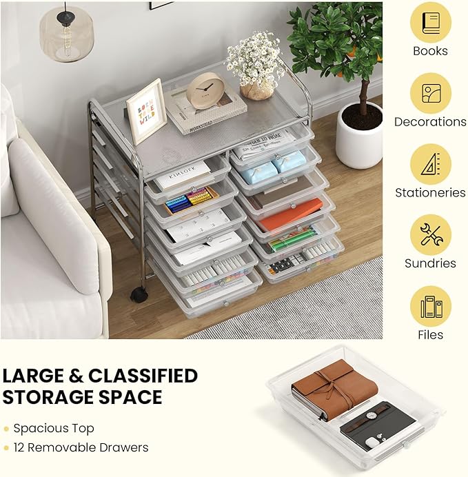 Giantex 12 Drawers Rolling Cart, Mobile Storage Drawer Cart, Classroom Organizer Cart for Office School Supplies Tools Scrapbook Paper Craft Small Printer, Utility Cart on Wheels, Clear