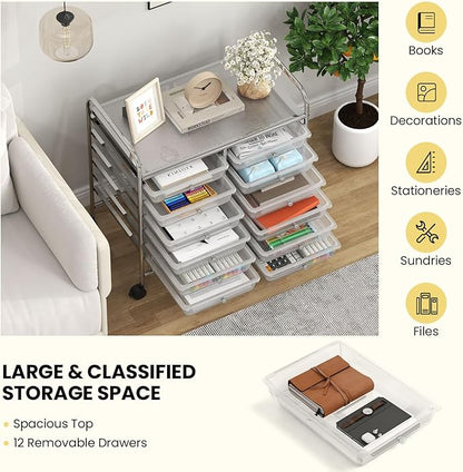 Giantex 12 Drawers Rolling Cart, Mobile Storage Drawer Cart, Classroom Organizer Cart for Office School Supplies Tools Scrapbook Paper Craft Small Printer, Utility Cart on Wheels, Clear