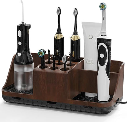 Boperzi Bathroom Counter Organizer for Vanity & Sink Storage: Detachable Electric Toothbrush and Toothpaste Holder, Water Flosser Holder, Bathroom Decor and Accessories Organization Set(Walnut Black)