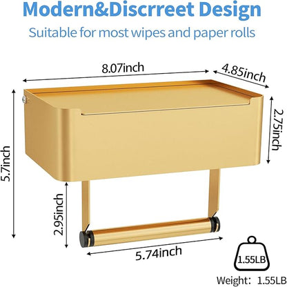 JUYSON Toilet Paper Holder with Shelf, Flushable Wipes Dispenser Fits for Bathroom Wipe Storage, Keep Your Wipes Hidden Out of Sight - SUS304 Stainless Steel Wall Mount Organizer (Color Gold)