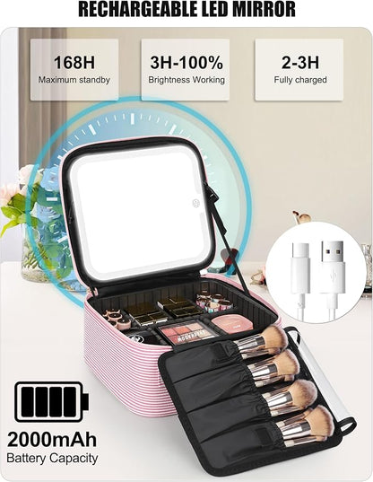 Relavel Travel Makeup Bag With LED Mirror, Portable Cosmetic Bag Organizer with Adjustable Brightness in 3 Color Scenarios, Small Cute Train Case with Detachable Dividers for Trip- Pink Strip
