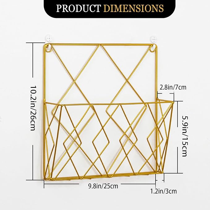 Wall-Mounted File Organizer, Metal Wall File Holder, Magazine Rack, Space-Saving Design, Ideal for Home Office, Workspace, and Study Room Organization (Gold)