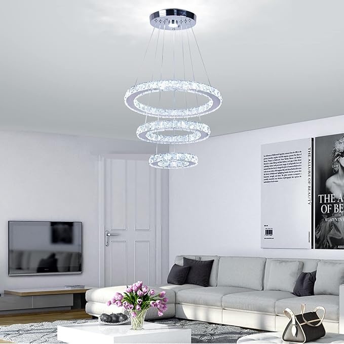 Modern Crystal Chandeliers LED Chandelier Fixtures 3 Rings Round DIY Pendant Lighting Stainless Steel Adjustable Chandelier Ceiling Light for Dining Room Bedroom Living Room (3 Colors)