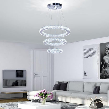 Modern Crystal Chandeliers LED Chandelier Fixtures 3 Rings Round DIY Pendant Lighting Stainless Steel Adjustable Chandelier Ceiling Light for Dining Room Bedroom Living Room (3 Colors)