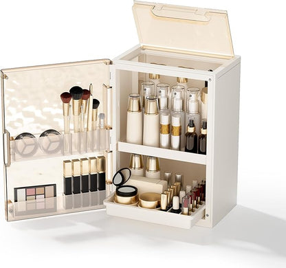 Makeup Organizer with Drawers and Lid, Large Skincare Organizer for Vanity, Dustproof Cosmetic Organizer and Makeup Storage Box with Brush Holder for Dresser, Bathroom Countertop