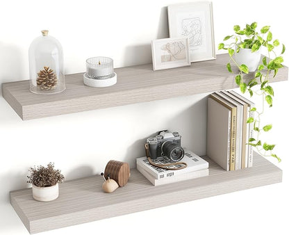 Acovy 30 Inch Floating Shelves, 8 Inch Deep Floating Shelves for Wall, Hanging Shelf with Invisible Brackets, Deep Shelves for Bathroom, Bedroom, Living Room, Grey, Set of 2