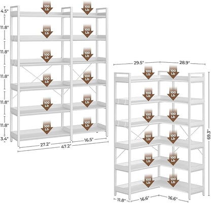 Rolanstar Bookshelf 6 Tier with 4 Hooks, Reversible Corner Bookshelf, 69" Industrial Wooden Bookcase with Open Shelves and Metal Frame for Living Room, Bedroom, Home Office, White