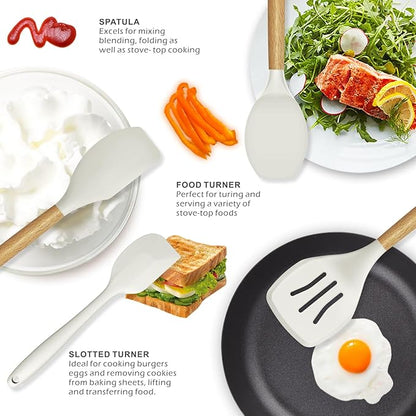 oannao Silicone Cooking Utensils Set - 446°F Heat Resistant Silicone Kitchen Utensils for Cooking,Kitchen Utensil Spatula Set w Wooden Handles for Non-Stick Cookware, BPA FREE (Cream White)
