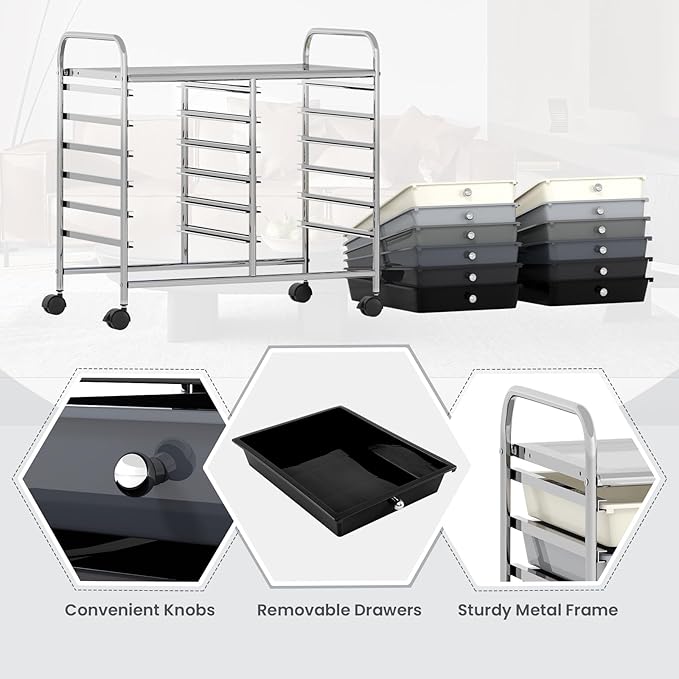 GOFLAME 12-Drawer Rolling Storage Cart, Multifunctional Art Craft Organizer Cart, Mobile Utility Storage Cart with Removable Drawers & Lockable Wheels, Craft Cart for Home Office School, Grey Gradient