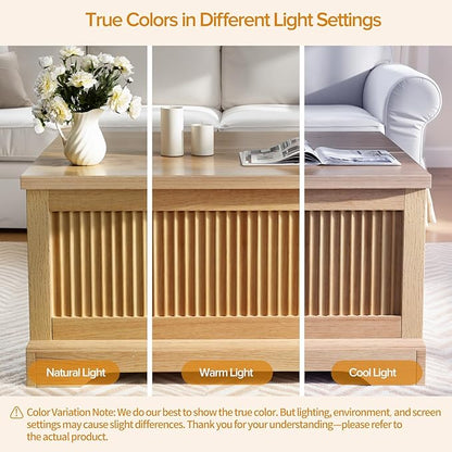 Memobarco Lift Top Coffee Table with Storage,Fluted Coffee Tables with Lifting Top,Modern Farmhouse Square Center Table for Living Room, Home Office, with Hidden Compartment, Flip-Up Lids, Natural Oak
