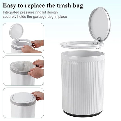 JiatuA Small Bathroom Trash Can with Lid, 2.1 Gallon Garbage Can with Pop-Up Lid Trash Bin Round Wastebasket for Kitchen Bedroom Office Living Room Toilet College Dorm, White