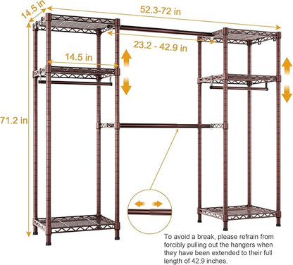 Ulif E7 Garment Rack, Heavy Duty Clothes Storage System with Extendable Hangers Rods, Metal Clothing Rack with 6 Wire Shelves, (52.3"-72") W x 14.5" D x 71.2" H, Load 838lbs, Bronze