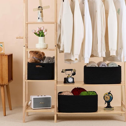 MiniArk Large Storage Baskets for Shelves, Closet Organizers Bins for Clothes Blanket Towels, Baby Nursery, Toy Baskets Box, Woven Rope Baskets, 17 x 13 x 7.5”, 3 Packs Black