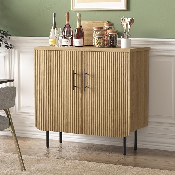 Sideboard Buffet Set of 2, Storage Cabinet with 2 Doors, Adjustable Shelf, Fluted Accent Cabinet for Living Room, Modern,Natural