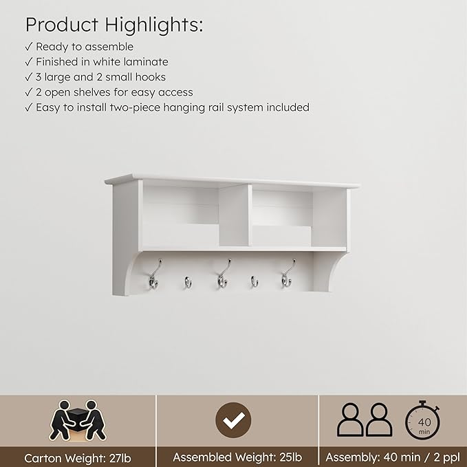Prepac 36" Contemporary Wall Mounted Coat Rack, Coat Hooks Wall Mount with 2 Shelves, Ideal for Hallway or Entryway Hanging Solution, 11.5"D x 36"W x 16.5"H, White