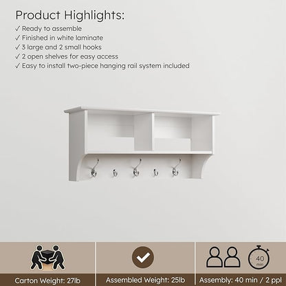 Prepac 36" Contemporary Wall Mounted Coat Rack, Coat Hooks Wall Mount with 2 Shelves, Ideal for Hallway or Entryway Hanging Solution, 11.5"D x 36"W x 16.5"H, White