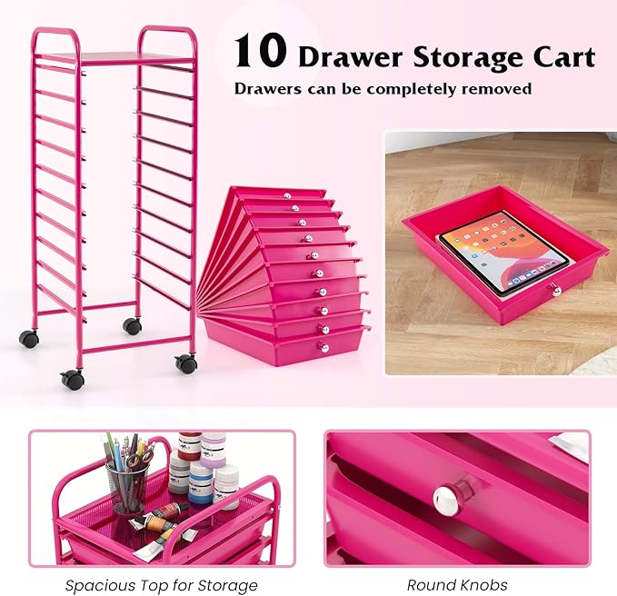 OFFICEJOY Storage Cart, Rolling Utility Cart with 10 Drawers, Portable Handles & Lockable Wheels, Mobile Paper Toys Storage Organizer Large Capacity for Home Office School Teacher (Hot Pink)