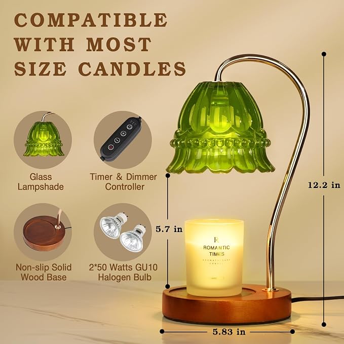 Funistree Flower Candle Warmer Lamp with Timer, Dimmable Candle Lamp Warmer, Christmas Birthday Gifts for Women Mom Her, Housewarming Home Decor, Lotus Wax Warmer for Yankee Candles - Green Flower