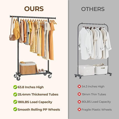 Clothes Rack, Clothing Rack for Hanging Clothes, Rolling Garment Rack Sturdy Coat Rack Portable Wardrobe Rack Metal Closet Rack for Bedroom Laundry Living Room, Black