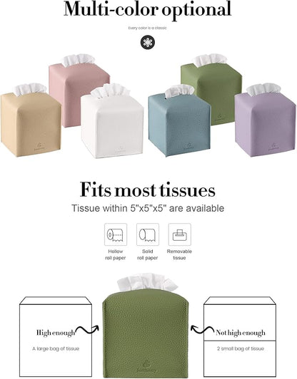 Tissue Box Cover, Jeethemy Square PU Leather Tissue Box Holder, Modern Tissue Case Facial Paper Organizer Dispenser，5X5X5'',Double Green