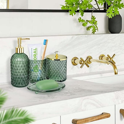 Bathroom Accessories Set, 4Pcs Sage Green Glass Bathroom Accessory Set Complete w/Lotion Soap Dispenser, Toothbrush Holder, Qtip Holder, Soap Dish, Gold Bathroom Decor Sets, Gift for Home Apartment