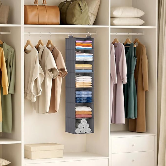 Lifewit 7 Tier Hanging Closet Organizer and Storage for Shelves, 1 Pack Foldable Clothes Shelf with 2 Sturdy Hooks, Sweater/Coat/Shoes Clothing Organization for Wardrobe, Dorm, Bedroom, Gray