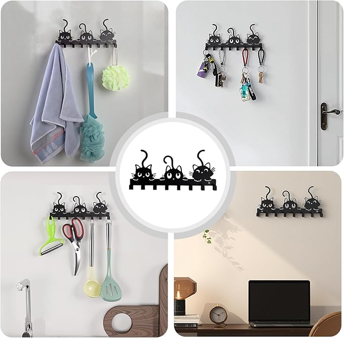 Key Holder Wall Mounted with Screws and Anchors, Black Multifunctional Key Hanger with 8 Hooks, Entryway Front Door Kitchen Hallway Garage Office