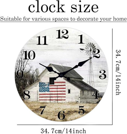 XFM Farmhouse Wall Clock 14 Inch Rustic Barn Wooden Clocks Silent Non-Ticking Battery Operated Country Landscape Small Round Clock for Living Room Kitchen Bedroom Office