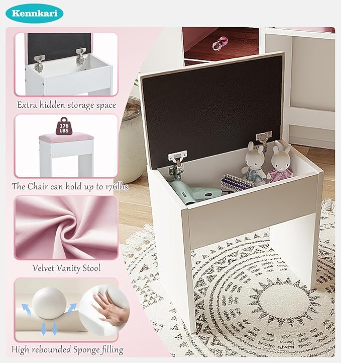 Vanity Desk with Hollywood Mirror and 9 Lights, Makeup Vanity with Drawers and Shelves, Vanity Table with Glass Top and Stool for Bedroom (Pink)