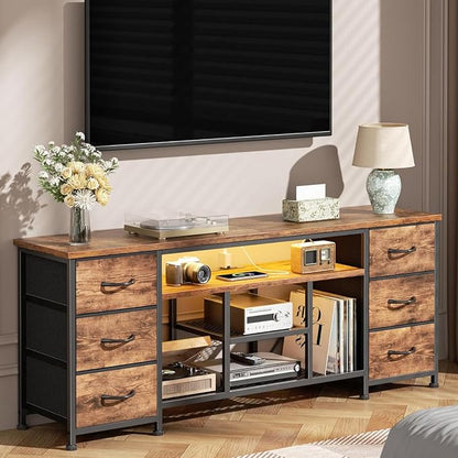 Furologee LED TV Stand for 55, 60 Inch TV, 55 Inch Entertainment Center with Power Outlets, 6 Drawers for Media Console with Open Shelves, Rustic Brown