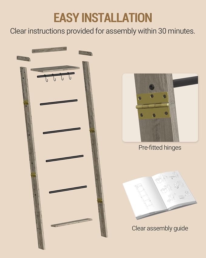 Hzuaneri Blanket Ladder Shelf, Decorative Quilt Rack, 7-Tier Farmhouse Ladder Holder Organizer with 4 Removable Hooks 7.9" D x 17.3" W x 66.9" H, Greige BR36805B