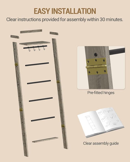 Hzuaneri Blanket Ladder Shelf, Decorative Quilt Rack, 7-Tier Farmhouse Ladder Holder Organizer with 4 Removable Hooks 7.9" D x 17.3" W x 66.9" H, Greige BR36805B