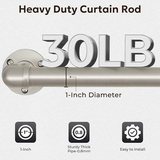 Zeerobee Curtain Rods for Windows 32 to 48, 1 Inch Industrial Wrap Around Brushed Nickel Curtain Rod, Indoor/Outdoor Room Divider Adjustable Drapery Pole, 32"-48"