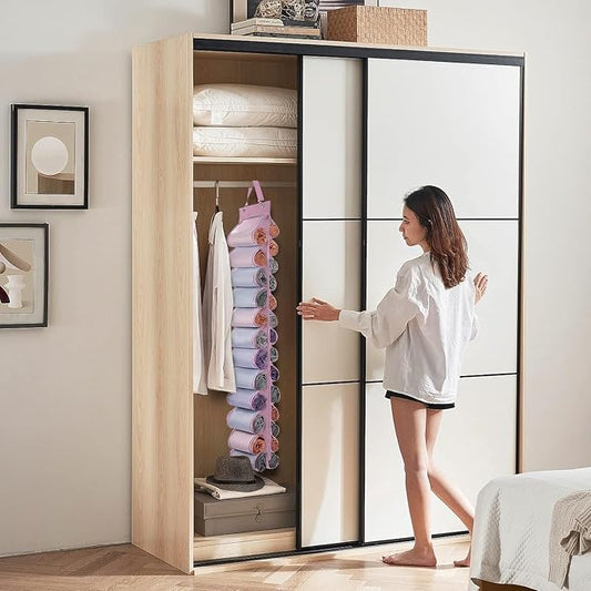 DHSFKBE Legging Organizer Storage, 2PCS T Shirt Organizer, Foldable Hanging Closet Organizer Storage with 26 Roll Independent Compartments for Yoga Pants, Tank Top, Towel, Underwear (Pink)
