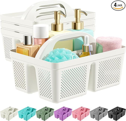 4 Pack Portable Shower Caddy, Integrated Handle, Reinforced Plastic, Quick-Dry Ventilation Holes, Multi-purpose Storage Basket for Home, Dorm and Bathroom, Kitchen, White