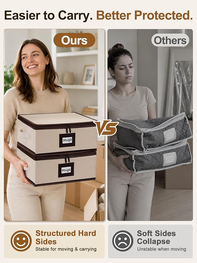 punemi Mug Storage Organizer, Coffee Mug Storage Boxes with Padded Dividers & Hard Shell Support, Stackable Tea Cup Storage Containers with Handles for Packing, Moving & China Storage, Beige, 2 Pack