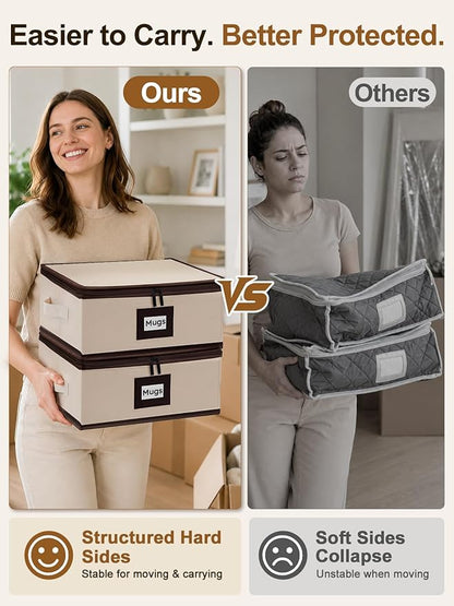 punemi Mug Storage Organizer, Coffee Mug Storage Boxes with Padded Dividers & Hard Shell Support, Stackable Tea Cup Storage Containers with Handles for Packing, Moving & China Storage, Beige, 2 Pack