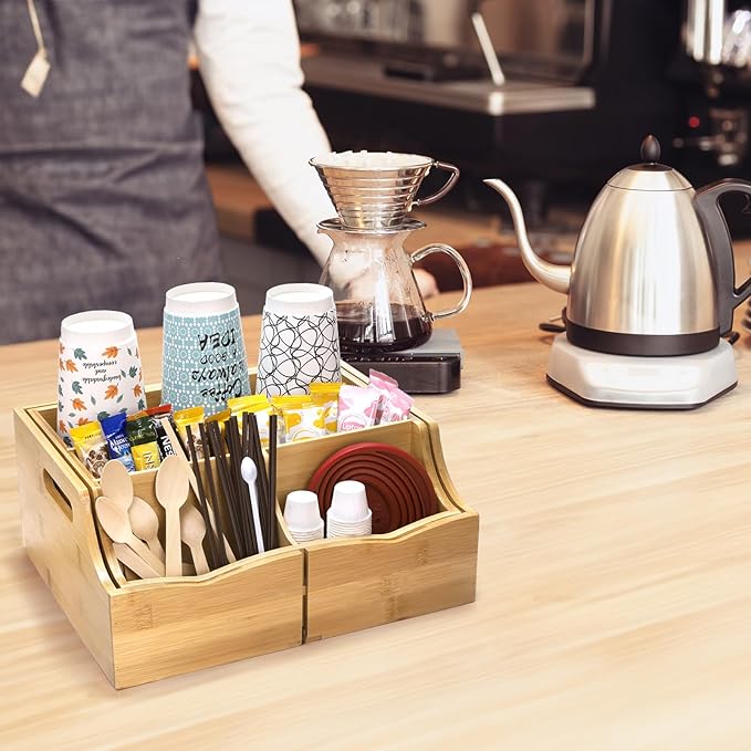 WRINGKIT Coffee Station Organizer for Countertop, Bamboo Coffee Bar Condiment Organizer, Extendable Tea Condiment Storage for Bar Decor, Kitchen, Office, 7 Compartment