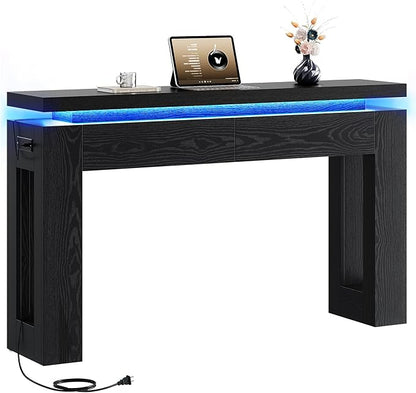 LIKIMIO Console Table with Drawers, Modern Entryway Table with LED Lights and Charging Station, Narrow Sofa Table with Storage Behind Couch for Entrance, Hallway, Living Room, Black