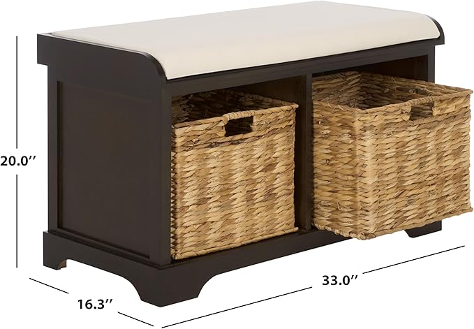 SAFAVIEH Home Collection – Freddy Dark Chocolate Storage Bench with Seat Cushion, 2 Basket Drawers, Coastal Farmhouse Entryway Design, Fully Assembled (AMH5736H)