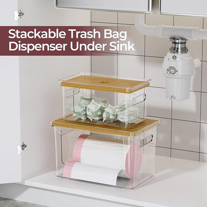 Delamu Acrylic Trash Bag Holder, 2 Pack (XL+S) Stackable Garbage Bag Dispenser, Clear Organizer Bins for Under Sink Organization, Pantry Storage, Cabinet, Kitchen, Laundry, Bathroom