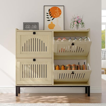 Garvee 4 Flip Drawer Shoe Cabinet with Adjustable Shelves, Hidden Shoe Organizer with Large Capacity, Freestanding Wooden Shoe Rack for Entryway, Hallway, Living Room, Natural