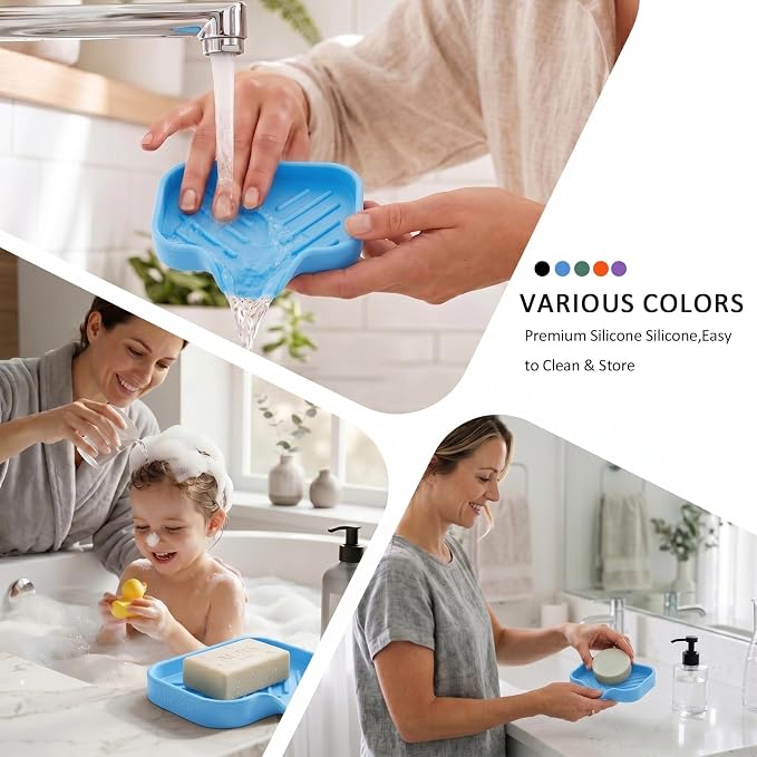 MicoYang Silicone Soap Dish with Drain Spout, Self-Draining Sink Organizer Tray for Bathroom & Kitchen, Sponges, Dispensers & Soap Holder, Non-Slip and Dishwasher Safe, Light Blue (Compact, 4.9"×3.2")