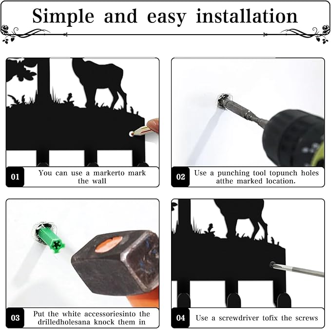 Key Holder for Wall, Metal Key Holder Hooks Organizer Rack, Key Organizer Wall Decorative with 5 Hooks for Entryway, Front Door, Hallway, Bedroom, Office (12 Inches, Deer, Tree)